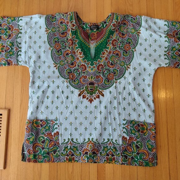Vintage Jamaican Dashiki Tunic Shirt Size Large Pockets Hippie Boho Blue - Picture 12 of 13